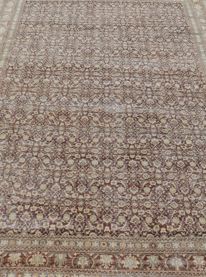 Measures: 6'4 x 9'10 Persian Tabriz Antique Rug in Herati Design In Dark Arginine, Blue, and Tan. Keivan Woven Arts / rug EN - 14794, country of origin / type: Iran / Tabriz, circa 1920. This beautiful early 20th century Persian Tabriz rug has... - Keivan Woven ArtsEN - 14794 - 21853Rug