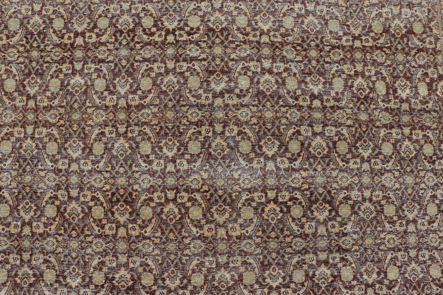 Measures: 6'4 x 9'10 Persian Tabriz Antique Rug in Herati Design In Dark Arginine, Blue, and Tan. Keivan Woven Arts / rug EN - 14794, country of origin / type: Iran / Tabriz, circa 1920. This beautiful early 20th century Persian Tabriz rug has... - Keivan Woven ArtsEN - 14794 - 21853Rug