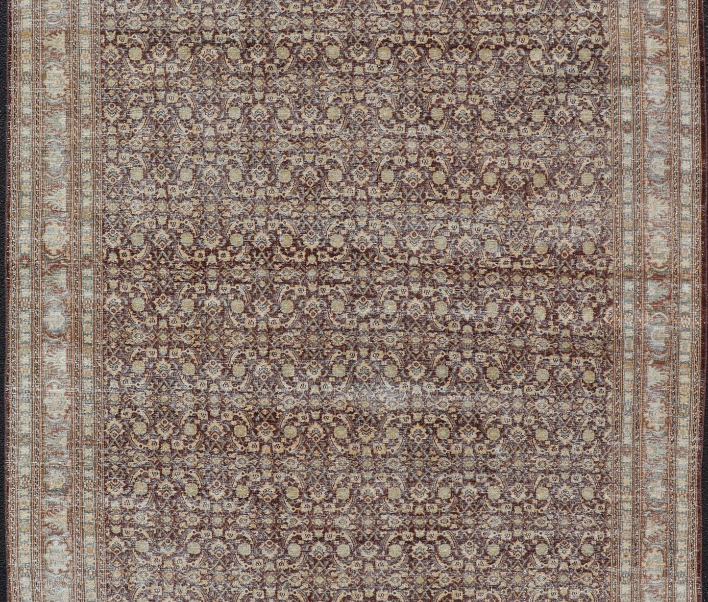 Measures: 6'4 x 9'10 Persian Tabriz Antique Rug in Herati Design In Dark Arginine, Blue, and Tan. Keivan Woven Arts / rug EN - 14794, country of origin / type: Iran / Tabriz, circa 1920. This beautiful early 20th century Persian Tabriz rug has... - Keivan Woven ArtsEN - 14794 - 21853Rug