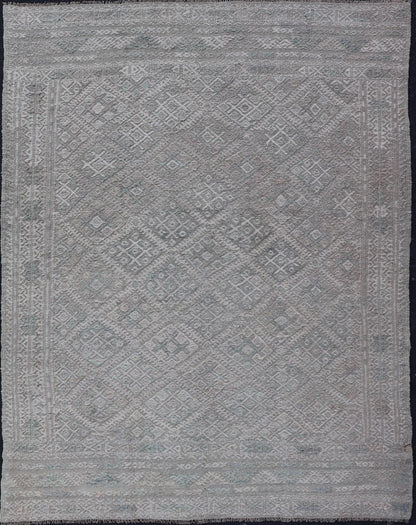 Measures: 4'8 x 6'3 Vintage Turkish Embroidered Kilim in Tribal Diamonds in Neutral Tones. Country of origin: Turkey; type: Kilim; design: Tribal Motif, sub - geometric; Keivan Woven Arts: rug EN - 14818. This vintage flat weave Kilim was hand wove... - Keivan Woven ArtsEN - 14818 - 21859Rug