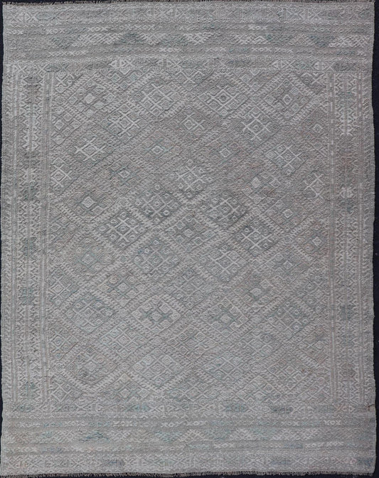 Measures: 4'8 x 6'3 Vintage Turkish Embroidered Kilim in Tribal Diamonds in Neutral Tones. Country of origin: Turkey; type: Kilim; design: Tribal Motif, sub - geometric; Keivan Woven Arts: rug EN - 14818. This vintage flat weave Kilim was hand wove... - Keivan Woven ArtsEN - 14818 - 21859Rug
