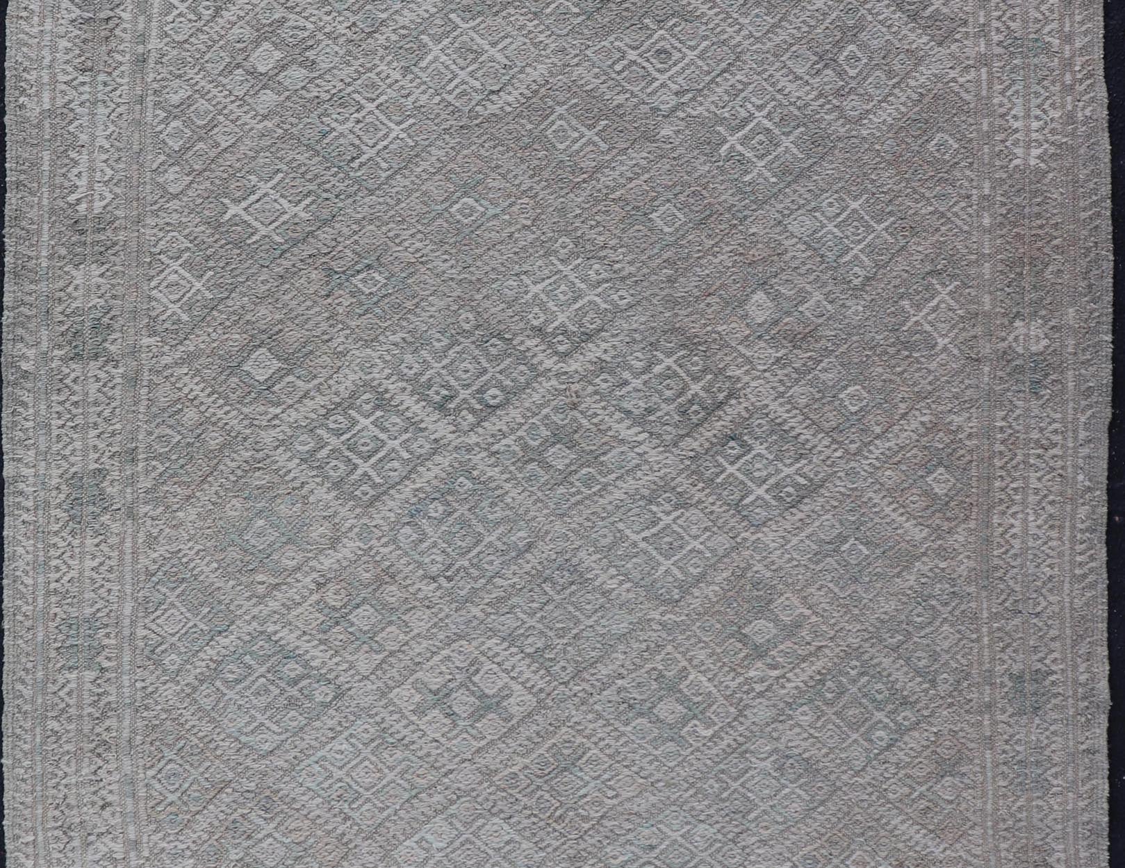 Measures: 4'8 x 6'3 Vintage Turkish Embroidered Kilim in Tribal Diamonds in Neutral Tones. Country of origin: Turkey; type: Kilim; design: Tribal Motif, sub - geometric; Keivan Woven Arts: rug EN - 14818. This vintage flat weave Kilim was hand wove... - Keivan Woven ArtsEN - 14818 - 21859Rug