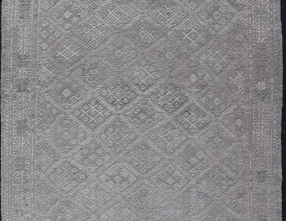 Measures: 4'8 x 6'3 Vintage Turkish Embroidered Kilim in Tribal Diamonds in Neutral Tones. Country of origin: Turkey; type: Kilim; design: Tribal Motif, sub - geometric; Keivan Woven Arts: rug EN - 14818. This vintage flat weave Kilim was hand wove... - Keivan Woven ArtsEN - 14818 - 21859Rug