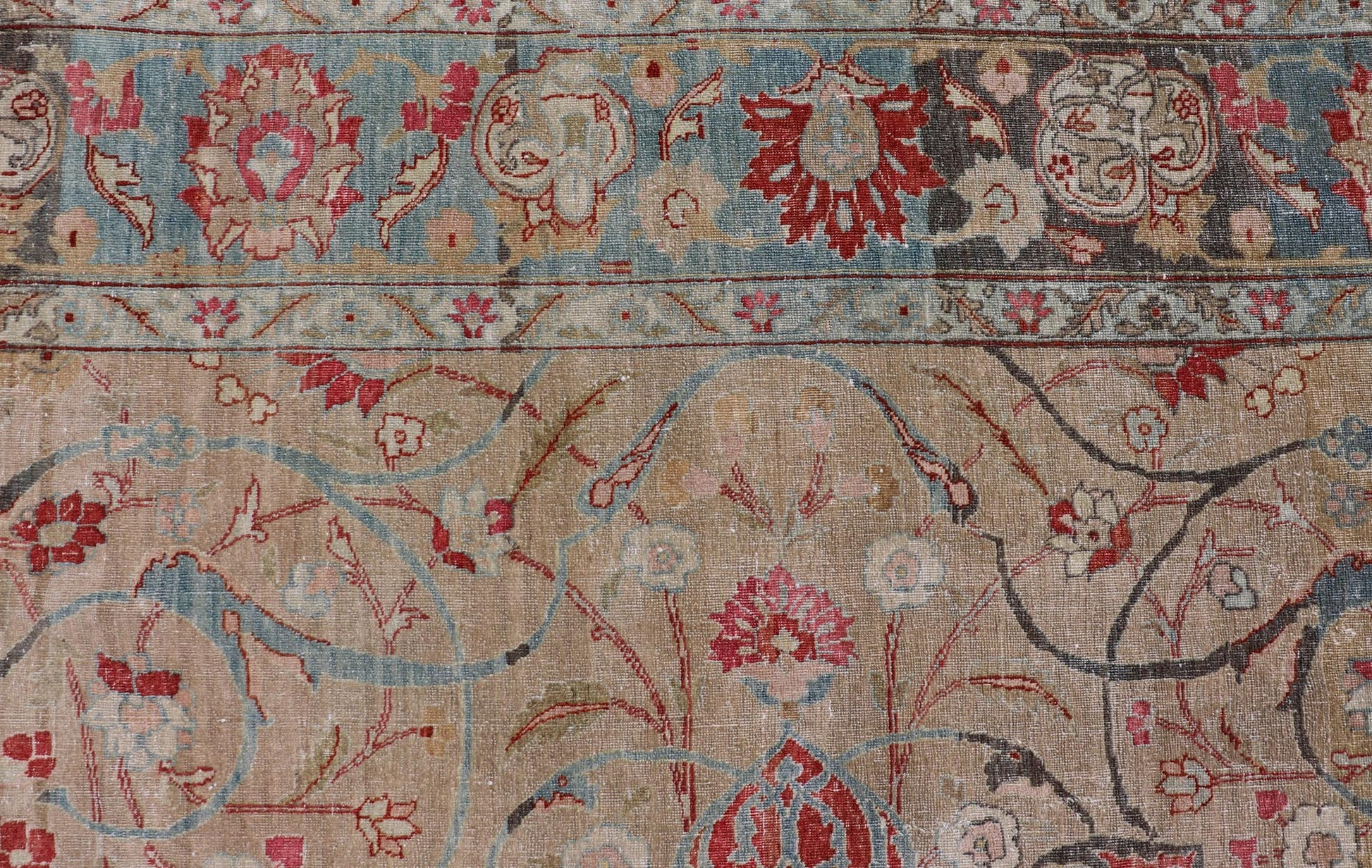 Antique Persian Tabriz Rug with Floral Medallion Design in Tan, Red, and Blue. Keivan Woven Arts / rug EN - 14861, country of origin / type: Iran / Tabriz, circa 1920 Floral Medallion Design in Tan, Red, and Blue. Measures: 8'4 x 11'9 This sublim... - Keivan Woven ArtsEN - 14861 - 23492Rug