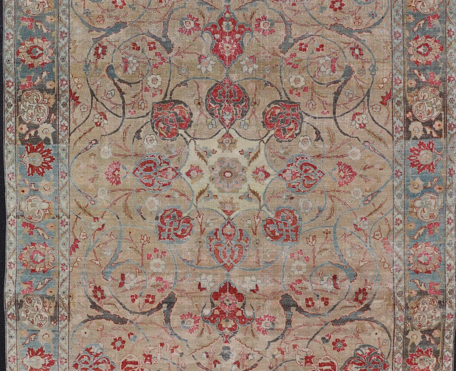 Antique Persian Tabriz Rug with Floral Medallion Design in Tan, Red, and Blue. Keivan Woven Arts / rug EN - 14861, country of origin / type: Iran / Tabriz, circa 1920 Floral Medallion Design in Tan, Red, and Blue. Measures: 8'4 x 11'9 This sublim... - Keivan Woven ArtsEN - 14861 - 23492Rug