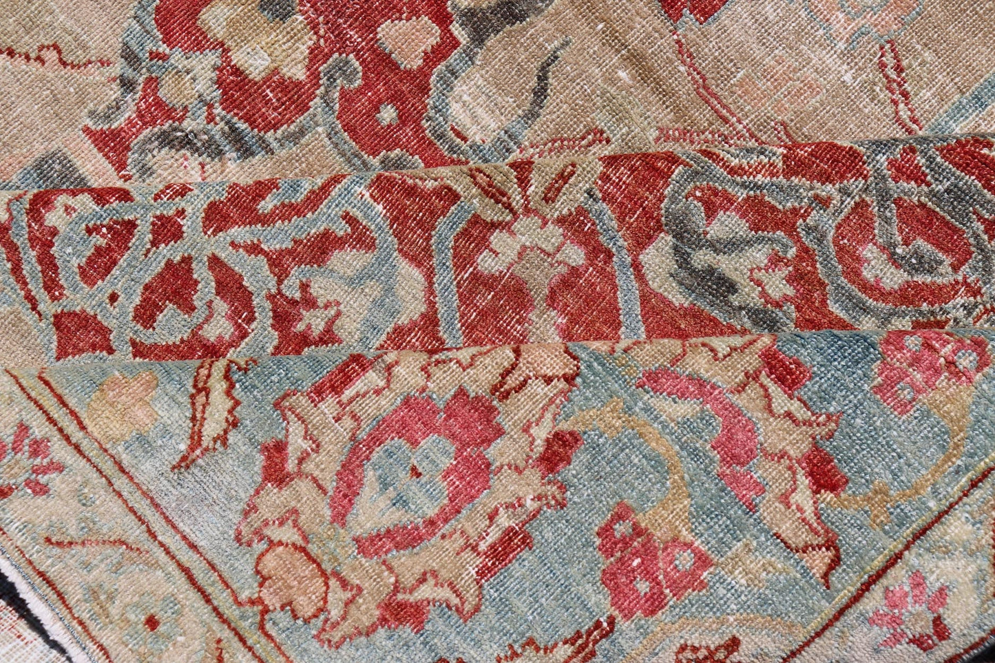 Antique Persian Tabriz Rug with Floral Medallion Design in Tan, Red, and Blue. Keivan Woven Arts / rug EN - 14861, country of origin / type: Iran / Tabriz, circa 1920 Floral Medallion Design in Tan, Red, and Blue. Measures: 8'4 x 11'9 This sublim... - Keivan Woven ArtsEN - 14861 - 23492Rug