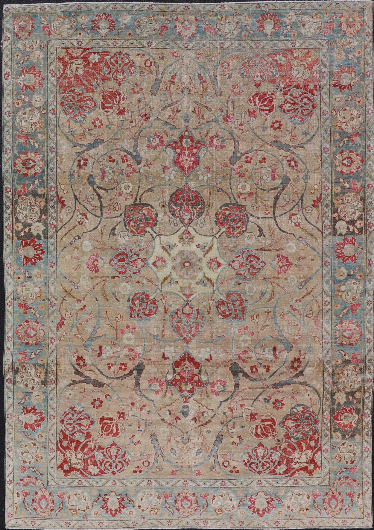 Antique Persian Tabriz Rug with Floral Medallion Design in Tan, Red, and Blue. Keivan Woven Arts / rug EN - 14861, country of origin / type: Iran / Tabriz, circa 1920 Floral Medallion Design in Tan, Red, and Blue. Measures: 8'4 x 11'9 This sublim... - Keivan Woven ArtsEN - 14861 - 23492Rug