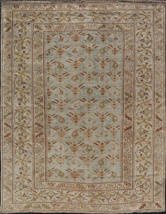 Measures: 3'8 x 4'10 Fine Persian Antique Afshar Rug in Green, Browns, and Blue Tribal Carpet. Keivan Woven Arts/ Rug/EN - 14884, Antique Afshar Early 20th Century rich symbolism, and fine intricacy contribute to the marvelous beauty of this ... - Keivan Woven ArtsEN - 14884 - 22974