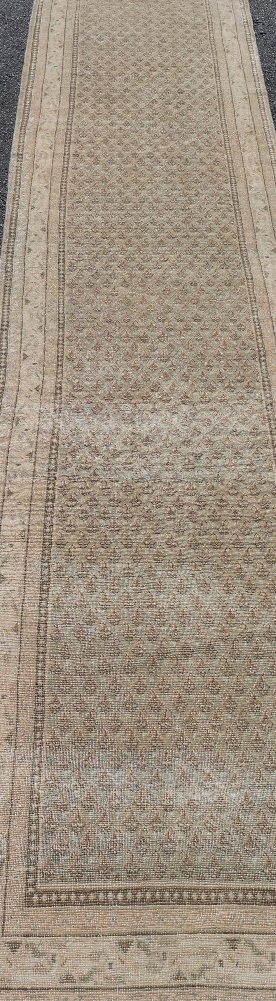 Long & Narrow Vintage Tabriz Runner with Taupe, Soft Blue - Gray, and Light Brown. Keivan Woven Arts / rug/ EN - 14890, Vintage Tabriz runner, mid - 20th century. Measures: 2'6 x 13'5 Persian Tabriz runner with a sophisticated design features a u... - Keivan Woven ArtsEN - 14890 - 23583