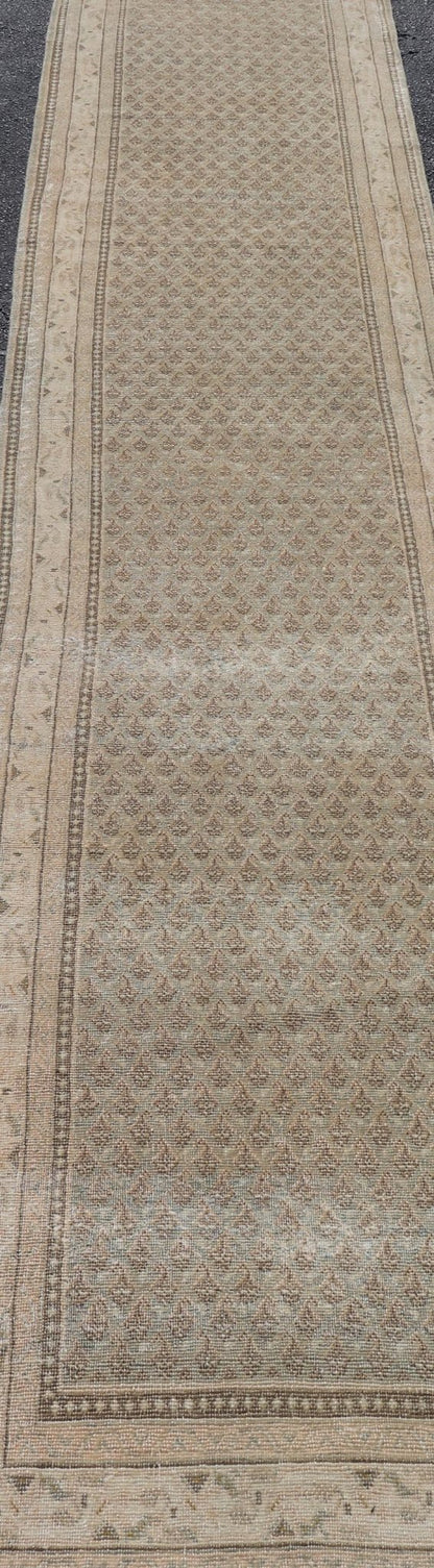 Long & Narrow Vintage Tabriz Runner with Taupe, Soft Blue - Gray, and Light Brown. Keivan Woven Arts / rug/ EN - 14890, Vintage Tabriz runner, mid - 20th century. Measures: 2'6 x 13'5 Persian Tabriz runner with a sophisticated design features a u... - Keivan Woven ArtsEN - 14890 - 23583