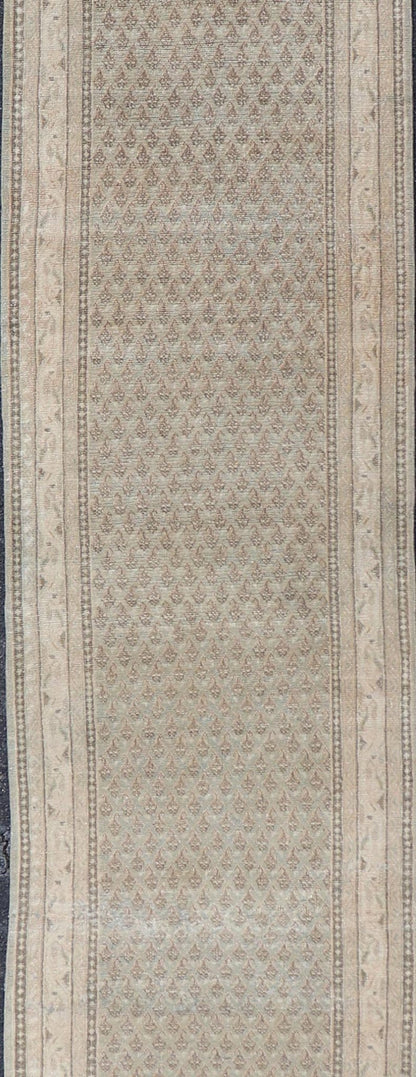 Long & Narrow Vintage Tabriz Runner with Taupe, Soft Blue - Gray, and Light Brown. Keivan Woven Arts / rug/ EN - 14890, Vintage Tabriz runner, mid - 20th century. Measures: 2'6 x 13'5 Persian Tabriz runner with a sophisticated design features a u... - Keivan Woven ArtsEN - 14890 - 23583