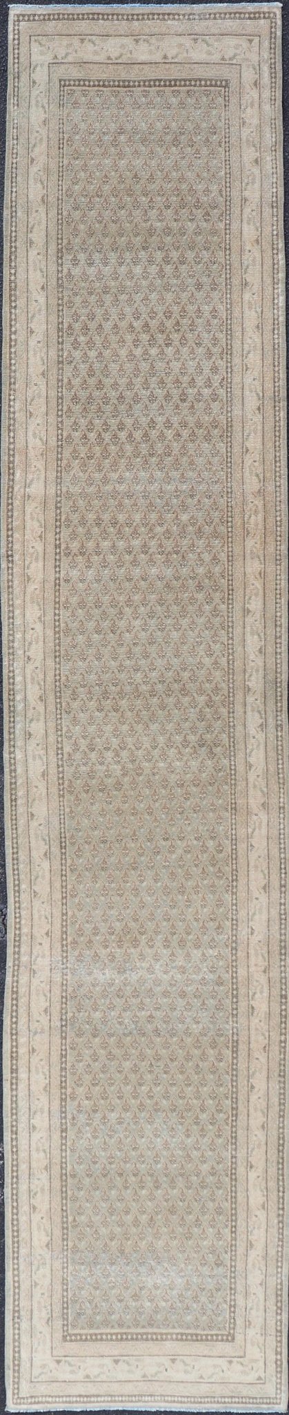 Long & Narrow Vintage Tabriz Runner with Taupe, Soft Blue - Gray, and Light Brown. Keivan Woven Arts / rug/ EN - 14890, Vintage Tabriz runner, mid - 20th century. Measures: 2'6 x 13'5 Persian Tabriz runner with a sophisticated design features a u... - Keivan Woven ArtsEN - 14890 - 23583