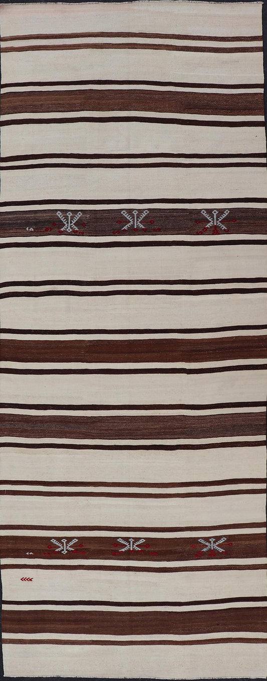 Turkish vintage flat - weave in shades of brown and ivory with stripe design with Minimalist design and stripes. Keivan Woven Arts / rug EN - 14900, country of origin / type: Turkey / Kilim, circa 1950 Measures: 4'10 x 13'7 This vintage striped desi... - Keivan Woven ArtsEN - 14900 - 23989Rug