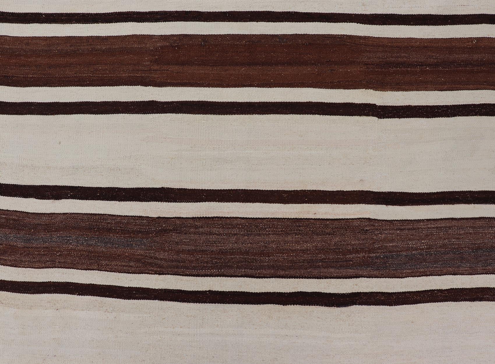 Turkish vintage flat - weave in shades of brown and ivory with stripe design with Minimalist design and stripes. Keivan Woven Arts / rug EN - 14900, country of origin / type: Turkey / Kilim, circa 1950 Measures: 4'10 x 13'7 This vintage striped desi... - Keivan Woven ArtsEN - 14900 - 23989Rug
