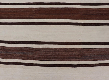 Turkish vintage flat - weave in shades of brown and ivory with stripe design with Minimalist design and stripes. Keivan Woven Arts / rug EN - 14900, country of origin / type: Turkey / Kilim, circa 1950 Measures: 4'10 x 13'7 This vintage striped desi... - Keivan Woven ArtsEN - 14900 - 23989Rug