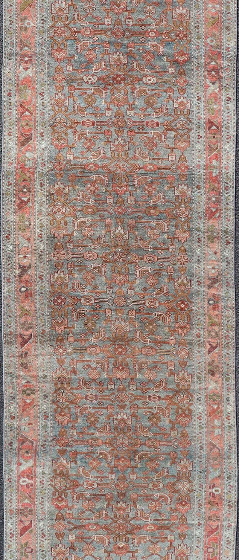 Measures: 3'4 x 14'10 All Over Herati Antique Persian Kurdish Runner With Sub - Geometric Design. Keivan Woven Arts / rug EN - 14903, country of origin / type: Iran / Kurdish, circa 1910. This kurdish runner from 1910's is characterized by its a... - Keivan Woven ArtsEN - 14903 - 22602Rug