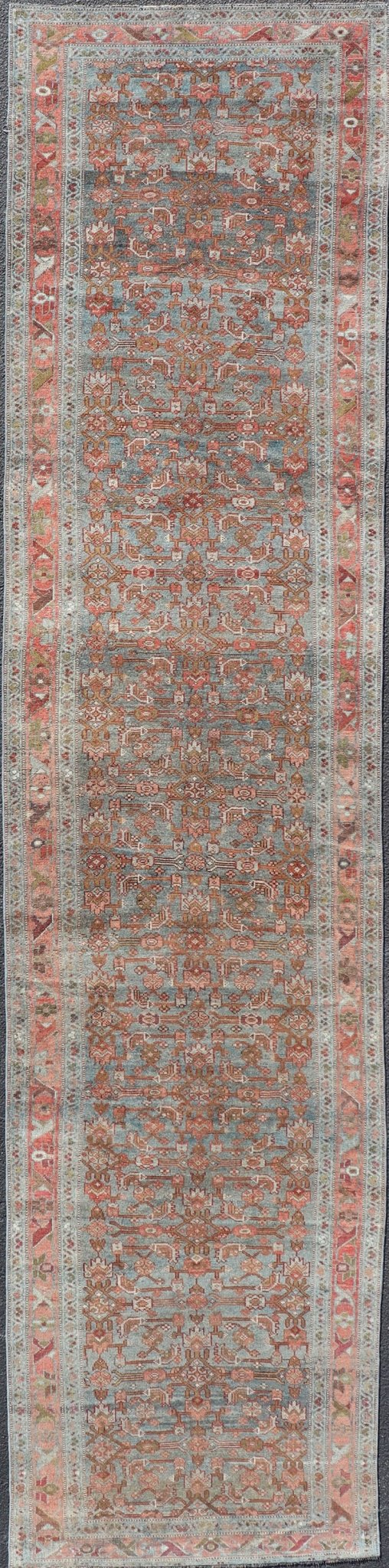 Measures: 3'4 x 14'10 All Over Herati Antique Persian Kurdish Runner With Sub - Geometric Design. Keivan Woven Arts / rug EN - 14903, country of origin / type: Iran / Kurdish, circa 1910. This kurdish runner from 1910's is characterized by its a... - Keivan Woven ArtsEN - 14903 - 22602Rug
