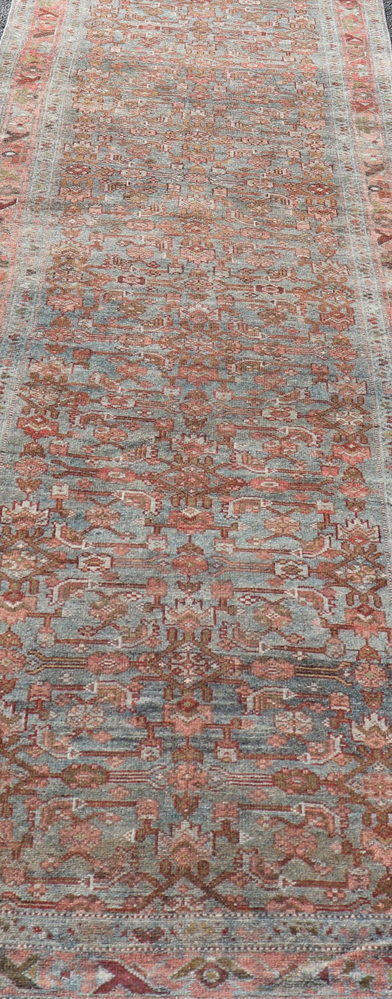 Measures: 3'4 x 14'10 All Over Herati Antique Persian Kurdish Runner With Sub - Geometric Design. Keivan Woven Arts / rug EN - 14903, country of origin / type: Iran / Kurdish, circa 1910. This kurdish runner from 1910's is characterized by its a... - Keivan Woven ArtsEN - 14903 - 22602Rug