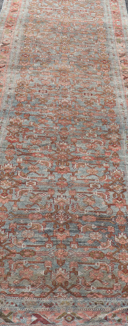 Measures: 3'4 x 14'10 All Over Herati Antique Persian Kurdish Runner With Sub - Geometric Design. Keivan Woven Arts / rug EN - 14903, country of origin / type: Iran / Kurdish, circa 1910. This kurdish runner from 1910's is characterized by its a... - Keivan Woven ArtsEN - 14903 - 22602Rug