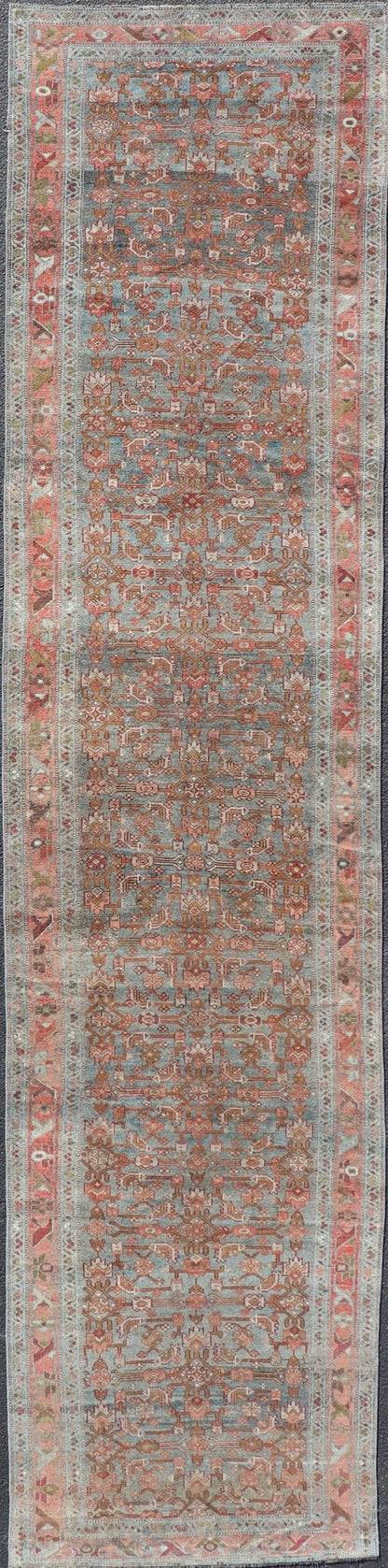 Measures: 3'4 x 14'10 All Over Herati Antique Persian Kurdish Runner With Sub - Geometric Design. Keivan Woven Arts / rug EN - 14903, country of origin / type: Iran / Kurdish, circa 1910. This kurdish runner from 1910's is characterized by its a... - Keivan Woven ArtsEN - 14903 - 22602