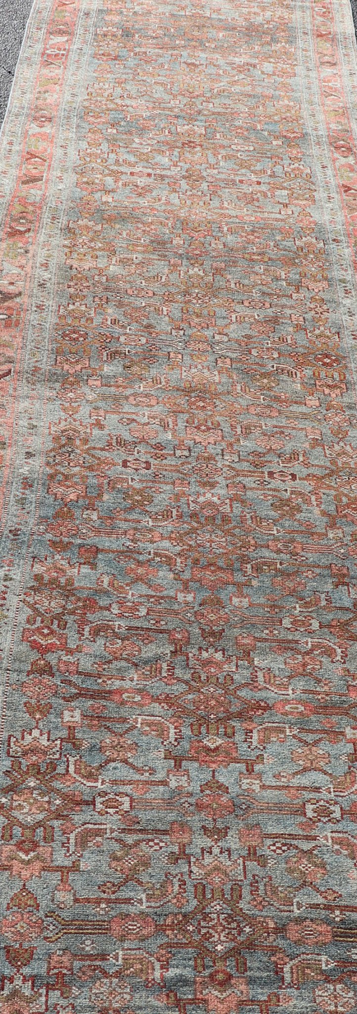 Measures: 3'4 x 14'10 All Over Herati Antique Persian Kurdish Runner With Sub - Geometric Design. Keivan Woven Arts / rug EN - 14903, country of origin / type: Iran / Kurdish, circa 1910. This kurdish runner from 1910's is characterized by its a... - Keivan Woven ArtsEN - 14903 - 22602Rug