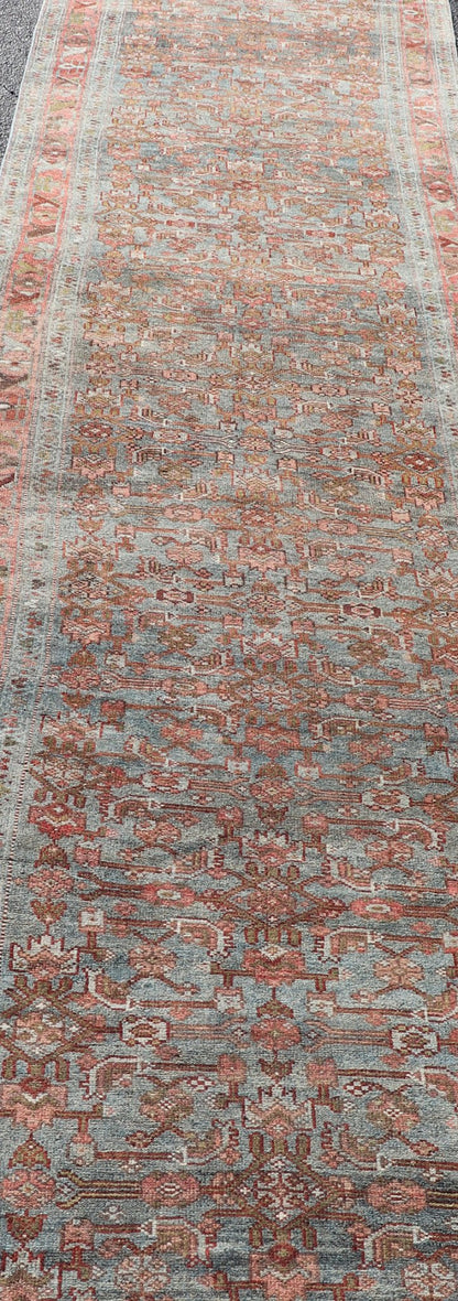 Measures: 3'4 x 14'10 All Over Herati Antique Persian Kurdish Runner With Sub - Geometric Design. Keivan Woven Arts / rug EN - 14903, country of origin / type: Iran / Kurdish, circa 1910. This kurdish runner from 1910's is characterized by its a... - Keivan Woven ArtsEN - 14903 - 22602