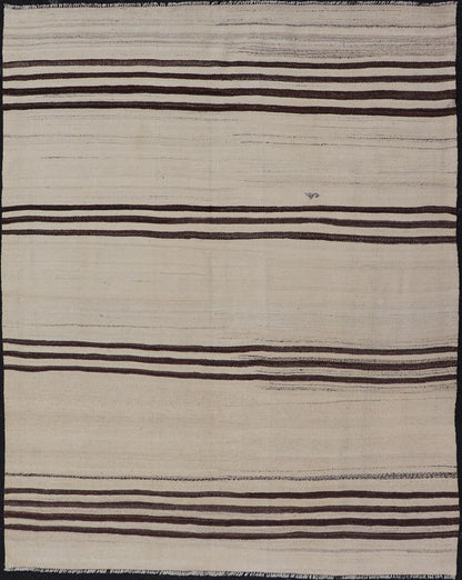 Turkish Vintage Flat - Weave in Brown and Cream with Stripe Design. Keivan Woven Arts / rug EN - 14904, country of origin / type: Turkey / Kilim, circa 1950 Measures: 4'11 x 6'4 This vintage striped design Turkish Kilim rendered in shade of browns, ... - Keivan Woven ArtsEN - 14904 - 24001Rug