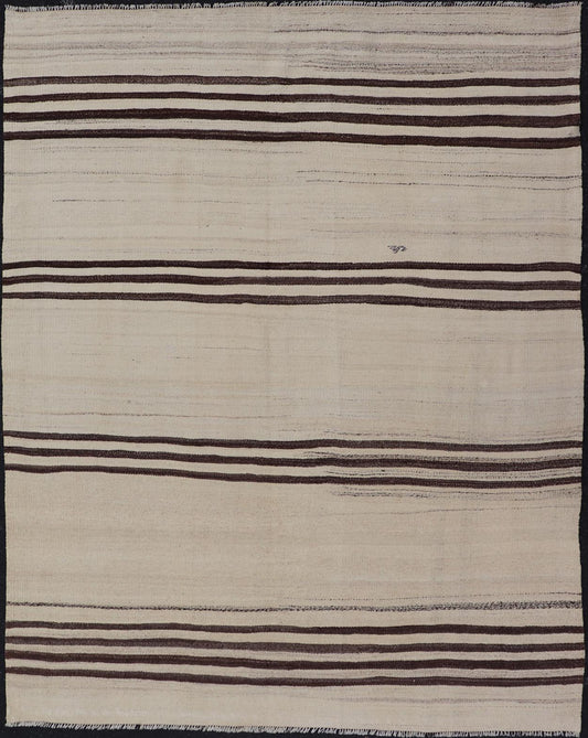 Turkish Vintage Flat - Weave in Brown and Cream with Stripe Design. Keivan Woven Arts / rug EN - 14904, country of origin / type: Turkey / Kilim, circa 1950 Measures: 4'11 x 6'4 This vintage striped design Turkish Kilim rendered in shade of browns, ... - Keivan Woven ArtsEN - 14904 - 24001Rug
