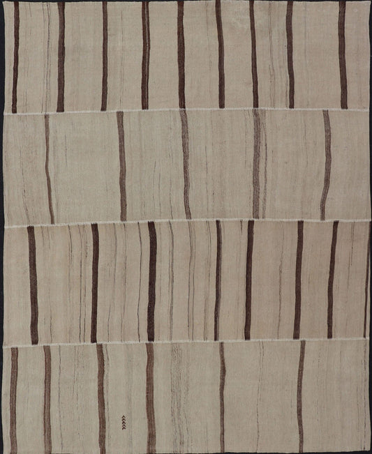 Measures: 8'8 x 11'8 Paneled Vintage Turkish Kilim Flat - Weave in Neutral Tones of Cream & Brown. Casual flat - weave Kilim design, Keivan Woven Arts /rug#EN - 14909, country of origin / type: Turkey / Kilim 1950s Large Vintage Hand Woven neutral... - Keivan Woven ArtsEN - 14909 - 22818