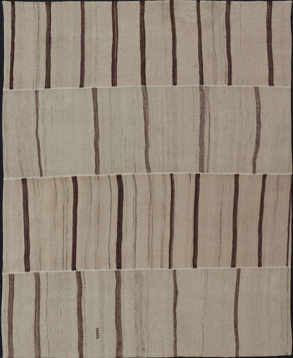 Measures: 8'8 x 11'8 Paneled Vintage Turkish Kilim Flat - Weave in Neutral Tones of Cream & Brown. Casual flat - weave Kilim design, Keivan Woven Arts /rug#EN - 14909, country of origin / type: Turkey / Kilim 1950s Large Vintage Hand Woven neutral... - Keivan Woven ArtsEN - 14909 - 22818Rug