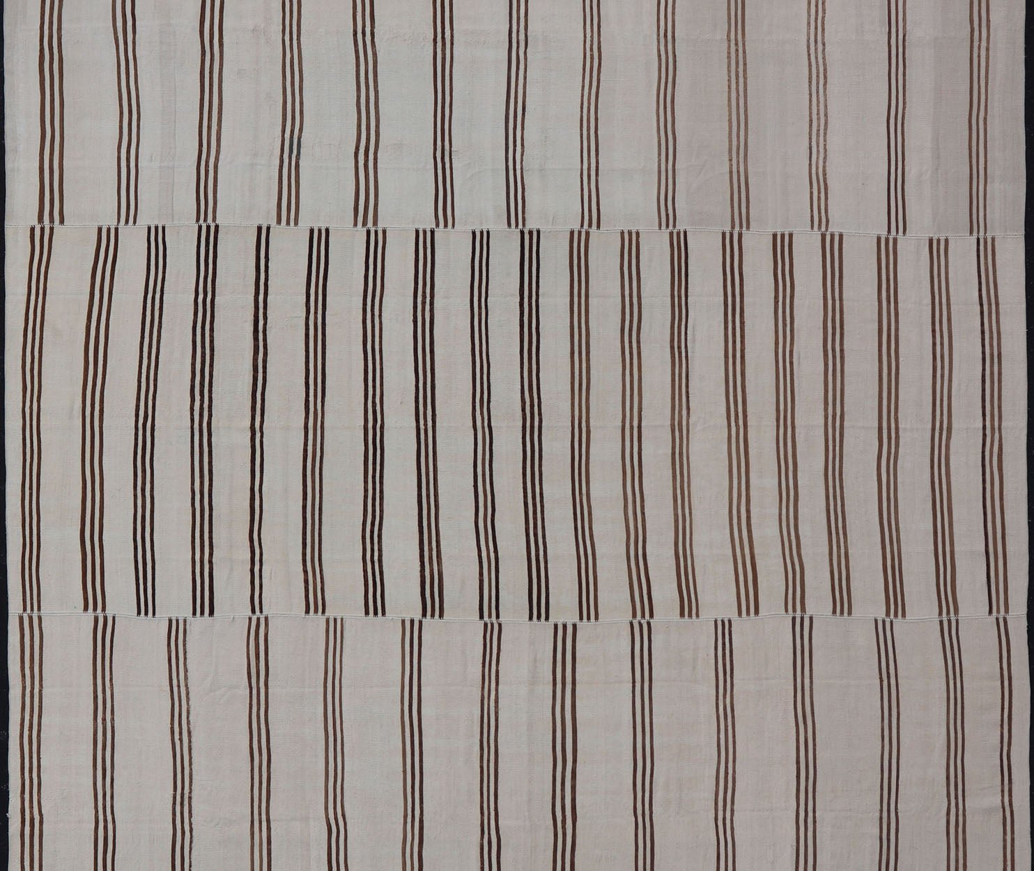 Measures: 12'3 x 13'10 Large Vintage Neutral Paneled Kilim Flat - Weave in Neutral Tones of Cream & Brown. Keivan Woven Arts /rug#EN - 14932, country of origin / type: Turkey / Kilim 1950s Large Vintage Hand Woven neutral paneled Kilim flat - weav... - Keivan Woven ArtsEN - 14932 - 22824Rug