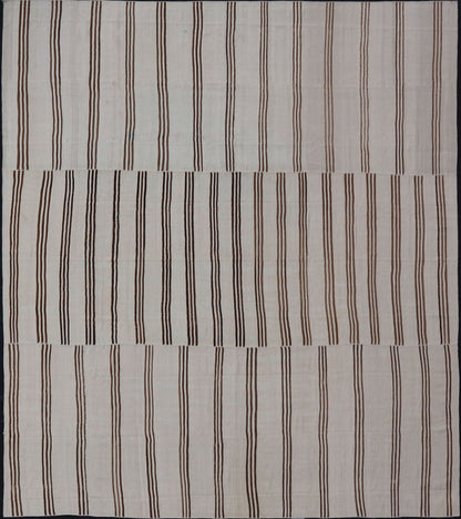 Measures: 12'3 x 13'10 Large Vintage Neutral Paneled Kilim Flat - Weave in Neutral Tones of Cream & Brown. Keivan Woven Arts /rug#EN - 14932, country of origin / type: Turkey / Kilim 1950s Large Vintage Hand Woven neutral paneled Kilim flat - weav... - Keivan Woven ArtsEN - 14932 - 22824Rug