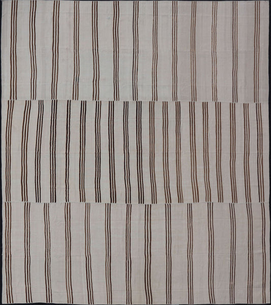 Measures: 12'3 x 13'10 Large Vintage Neutral Paneled Kilim Flat - Weave in Neutral Tones of Cream & Brown. Keivan Woven Arts /rug#EN - 14932, country of origin / type: Turkey / Kilim 1950s Large Vintage Hand Woven neutral paneled Kilim flat - weav... - Keivan Woven ArtsEN - 14932 - 22824Rug