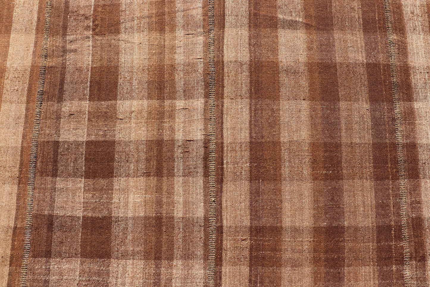 Measures: 9'1 x 12'0 Turkish Vintage Plaid Design Flat - Weave Rug in Brown, Cognac, Ivory, And Tan. Turkish Vintage Plaid Design Flat - Weave Rug Keivan Woven Arts. Keivan Woven Arts / rug EN - 14944, country of origin / type: Turkey / Kilim, circa ... - Keivan Woven ArtsEN - 14944 - 22980Rug