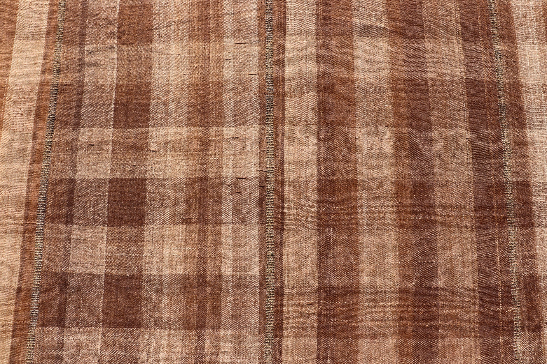 Measures: 9'1 x 12'0 Turkish Vintage Plaid Design Flat - Weave Rug in Brown, Cognac, Ivory, And Tan. Turkish Vintage Plaid Design Flat - Weave Rug Keivan Woven Arts. Keivan Woven Arts / rug EN - 14944, country of origin / type: Turkey / Kilim, circa ... - Keivan Woven ArtsEN - 14944 - 22980Rug