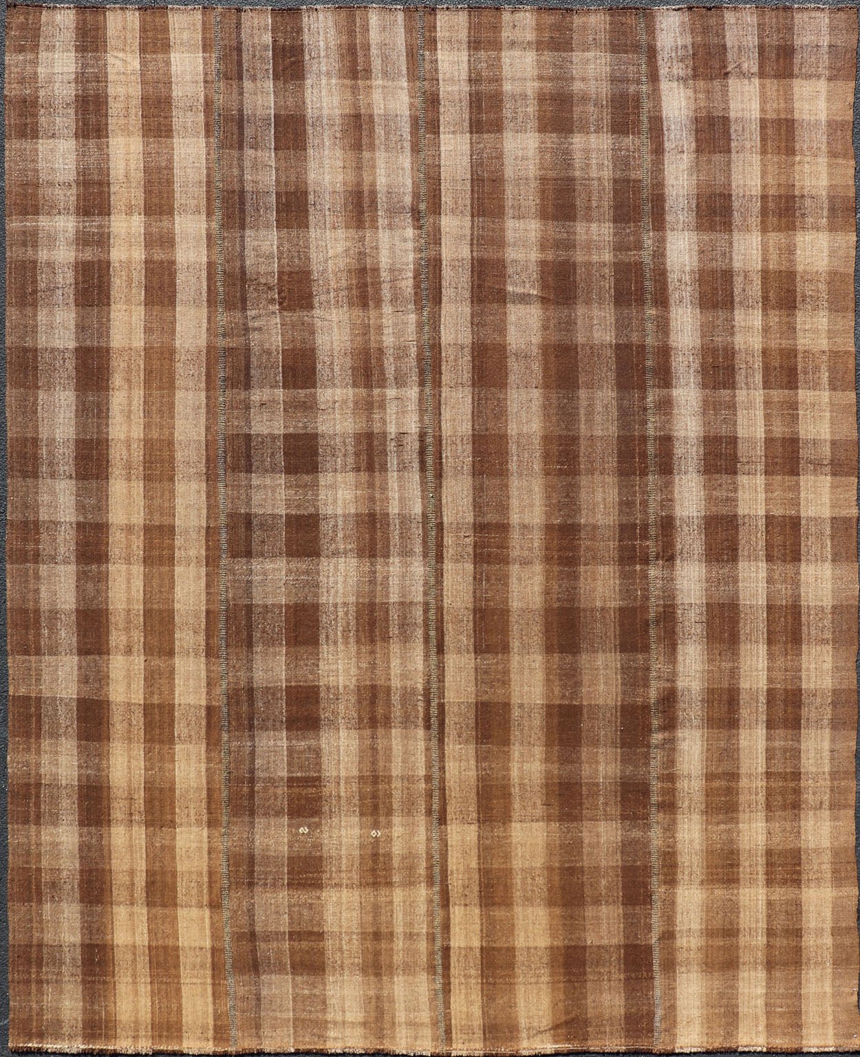 Measures: 9'1 x 12'0 Turkish Vintage Plaid Design Flat - Weave Rug in Brown, Cognac, Ivory, And Tan. Turkish Vintage Plaid Design Flat - Weave Rug Keivan Woven Arts. Keivan Woven Arts / rug EN - 14944, country of origin / type: Turkey / Kilim, circa ... - Keivan Woven ArtsEN - 14944 - 22980Rug