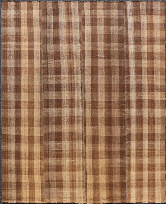 Measures: 9'1 x 12'0 Turkish Vintage Plaid Design Flat - Weave Rug in Brown, Cognac, Ivory, And Tan. Turkish Vintage Plaid Design Flat - Weave Rug Keivan Woven Arts. Keivan Woven Arts / rug EN - 14944, country of origin / type: Turkey / Kilim, circa ... - Keivan Woven ArtsEN - 14944 - 22980Rug