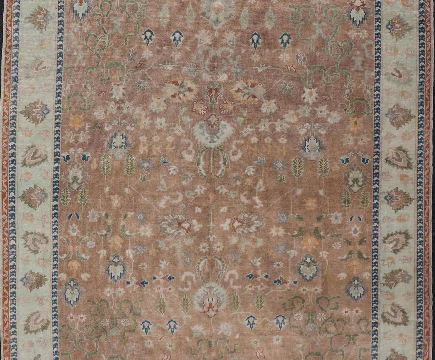 Colorful Turkish Oushak Rug in Salmon Background with All - Over Floral Design. Country of Origin: Turkey; Type: Oushak; Design: All - Over, Floral; Keivan Woven Arts/ rug EN - 14950; Measures: 6'7 x 10'7 Beautiful 1930's colorful Turkish Oush... - Keivan Woven ArtsEN - 14950 - 23666Rug