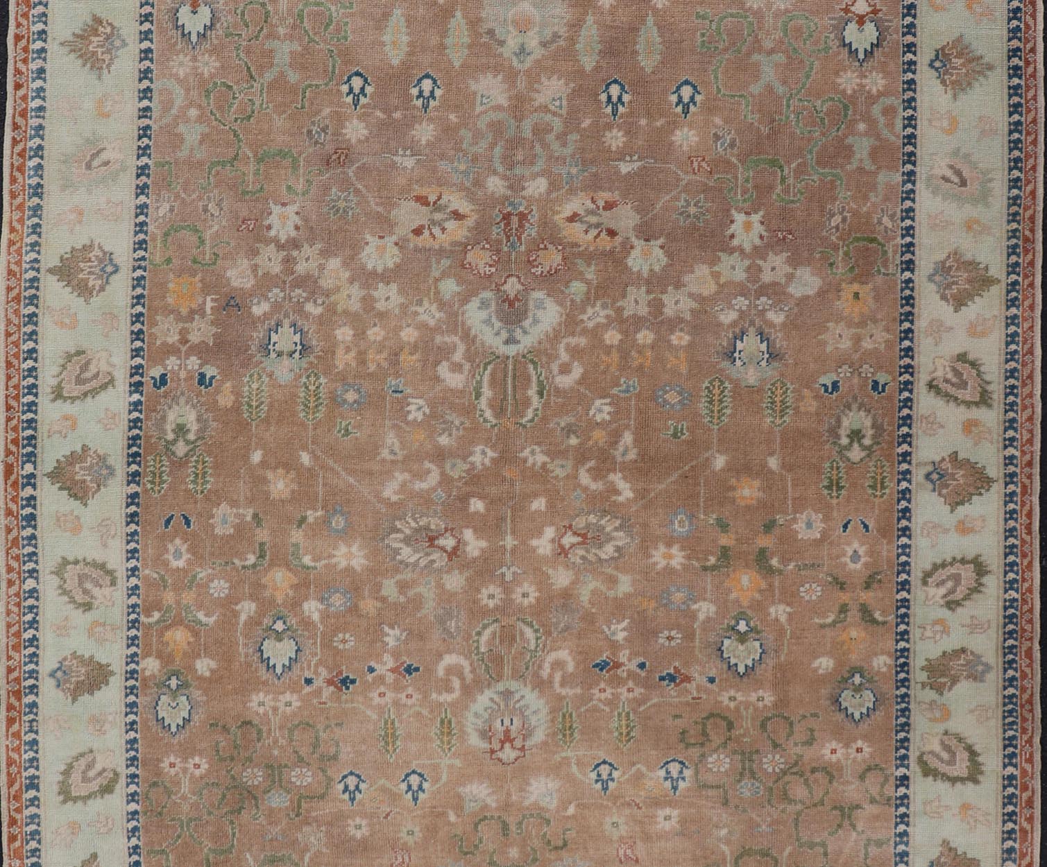 Colorful Turkish Oushak Rug in Salmon Background with All - Over Floral Design. Country of Origin: Turkey; Type: Oushak; Design: All - Over, Floral; Keivan Woven Arts/ rug EN - 14950; Measures: 6'7 x 10'7 Beautiful 1930's colorful Turkish Oush... - Keivan Woven ArtsEN - 14950 - 23666Rug