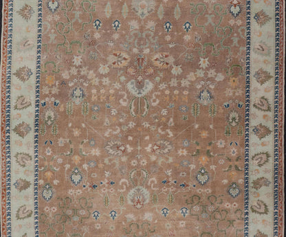 Colorful Turkish Oushak Rug in Salmon Background with All - Over Floral Design. Country of Origin: Turkey; Type: Oushak; Design: All - Over, Floral; Keivan Woven Arts/ rug EN - 14950; Measures: 6'7 x 10'7 Beautiful 1930's colorful Turkish Oush... - Keivan Woven ArtsEN - 14950 - 23666Rug