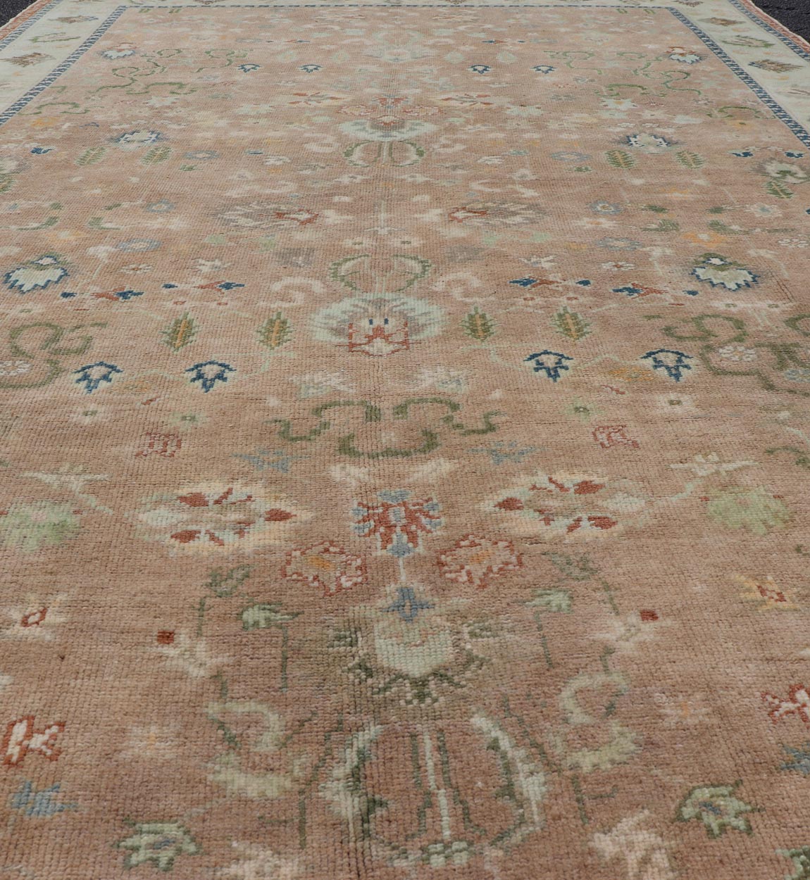 Colorful Turkish Oushak Rug in Salmon Background with All - Over Floral Design. Country of Origin: Turkey; Type: Oushak; Design: All - Over, Floral; Keivan Woven Arts/ rug EN - 14950; Measures: 6'7 x 10'7 Beautiful 1930's colorful Turkish Oush... - Keivan Woven ArtsEN - 14950 - 23666Rug