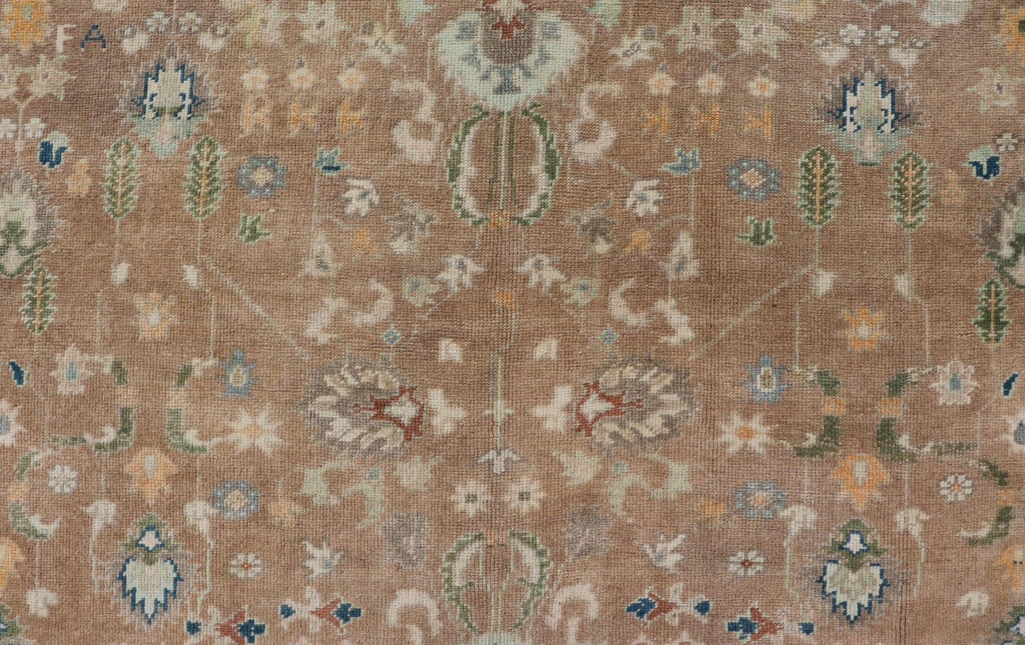 Colorful Turkish Oushak Rug in Salmon Background with All - Over Floral Design. Country of Origin: Turkey; Type: Oushak; Design: All - Over, Floral; Keivan Woven Arts/ rug EN - 14950; Measures: 6'7 x 10'7 Beautiful 1930's colorful Turkish Oush... - Keivan Woven ArtsEN - 14950 - 23666Rug