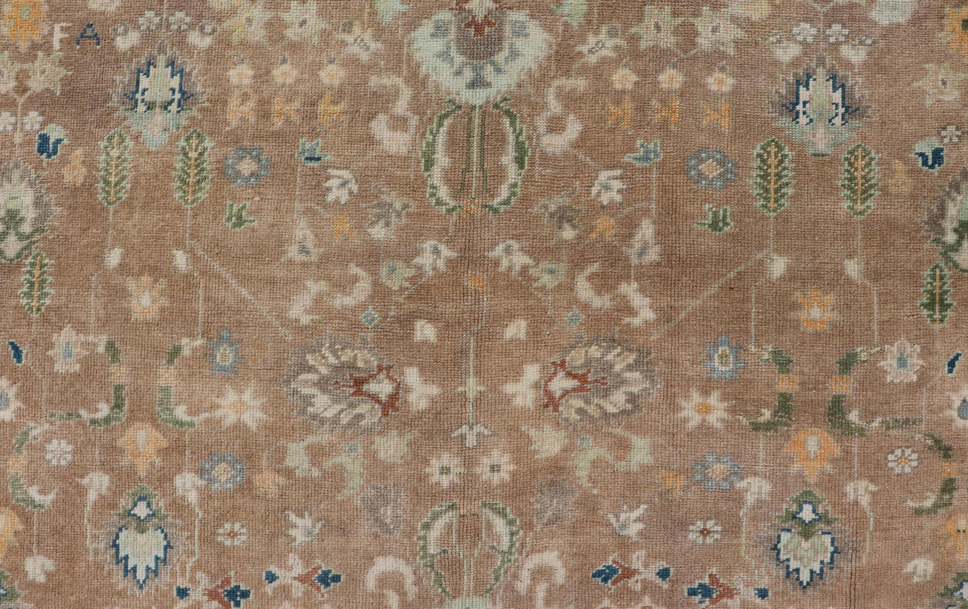 Colorful Turkish Oushak Rug in Salmon Background with All - Over Floral Design. Country of Origin: Turkey; Type: Oushak; Design: All - Over, Floral; Keivan Woven Arts/ rug EN - 14950; Measures: 6'7 x 10'7 Beautiful 1930's colorful Turkish Oush... - Keivan Woven ArtsEN - 14950 - 23666Rug