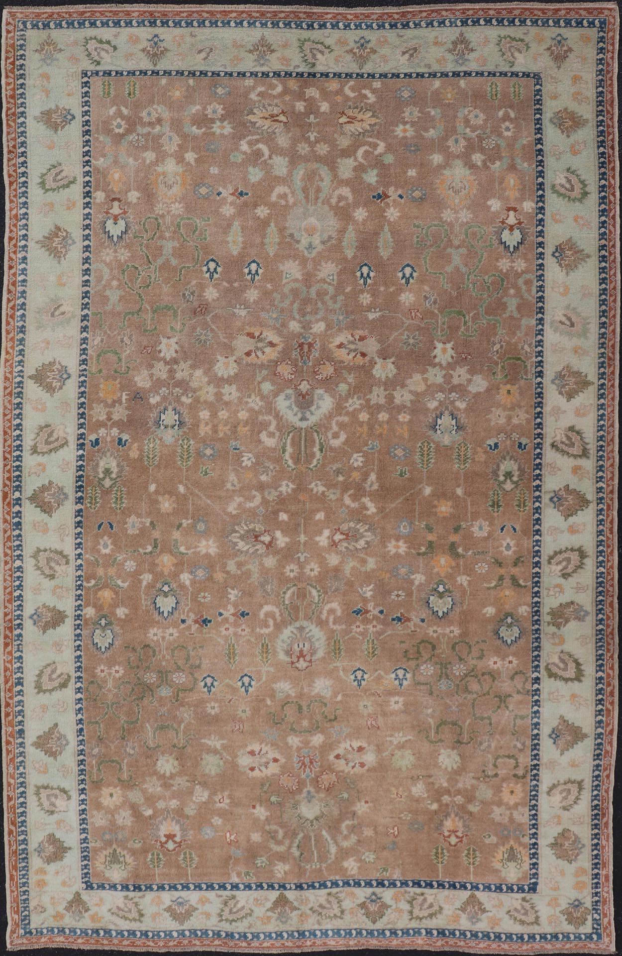 Colorful Turkish Oushak Rug in Salmon Background with All - Over Floral Design. Country of Origin: Turkey; Type: Oushak; Design: All - Over, Floral; Keivan Woven Arts/ rug EN - 14950; Measures: 6'7 x 10'7 Beautiful 1930's colorful Turkish Oush... - Keivan Woven ArtsEN - 14950 - 23666Rug