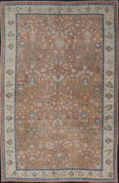 Colorful Turkish Oushak Rug in Salmon Background with All - Over Floral Design. Country of Origin: Turkey; Type: Oushak; Design: All - Over, Floral; Keivan Woven Arts/ rug EN - 14950; Measures: 6'7 x 10'7 Beautiful 1930's colorful Turkish Oush... - Keivan Woven ArtsEN - 14950 - 23666Rug