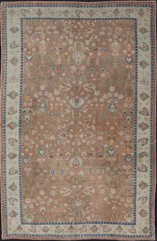 Colorful Turkish Oushak Rug in Salmon Background with All - Over Floral Design. Country of Origin: Turkey; Type: Oushak; Design: All - Over, Floral; Keivan Woven Arts/ rug EN - 14950; Measures: 6'7 x 10'7 Beautiful 1930's colorful Turkish Oush... - Keivan Woven ArtsEN - 14950 - 23666Rug