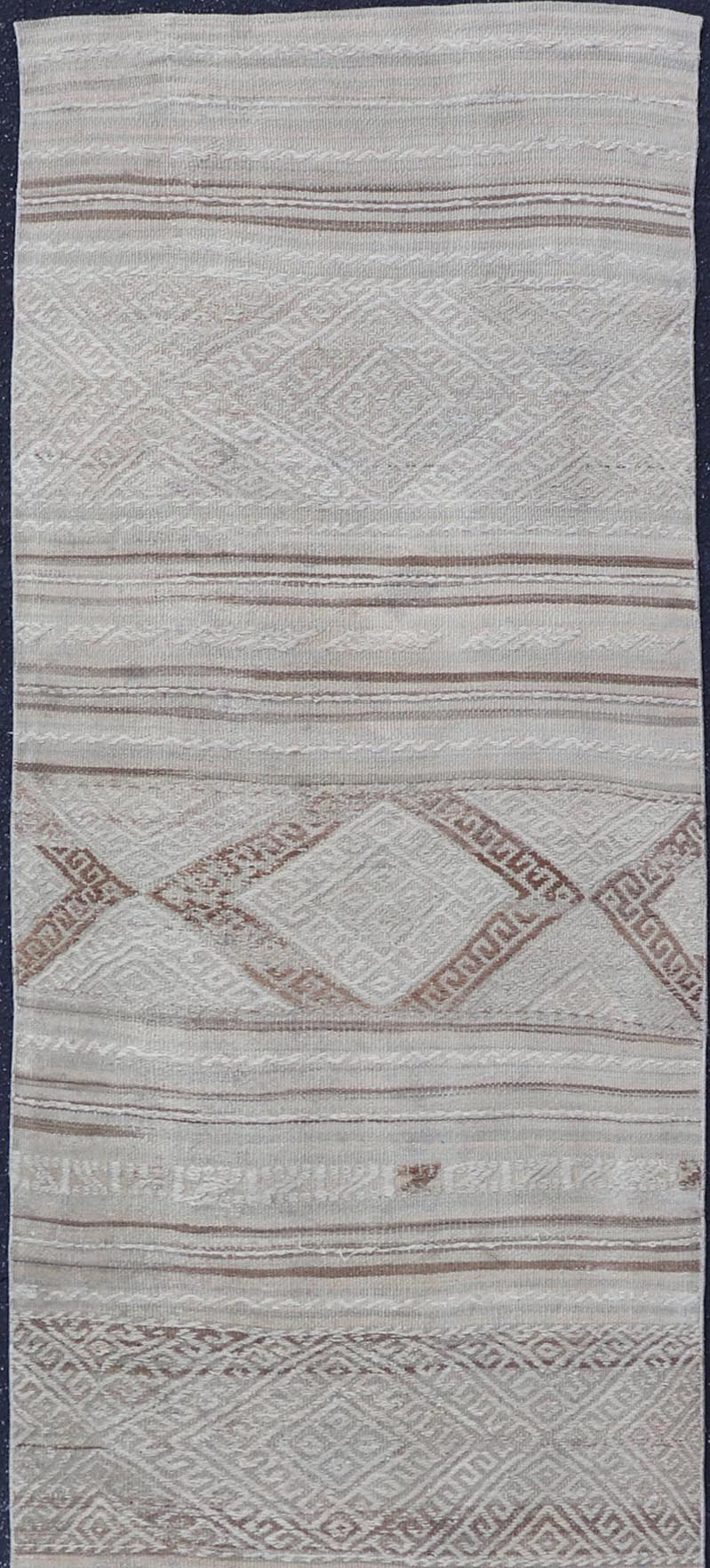 Vintage Turkish Tribal Kilim Runner with Soft Neutral Tones and Geometric Patterns - Keivan Woven ArtsEN - 14951Rug