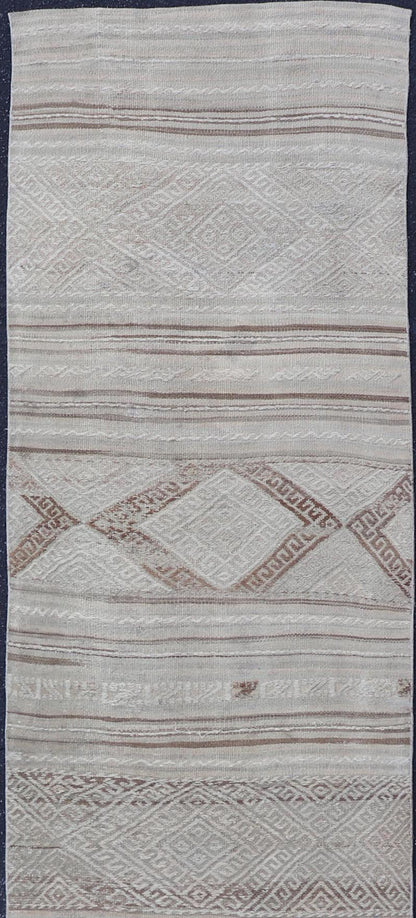 Vintage Turkish Tribal Kilim Runner with Soft Neutral Tones and Geometric Patterns - Keivan Woven ArtsEN - 14951Rug