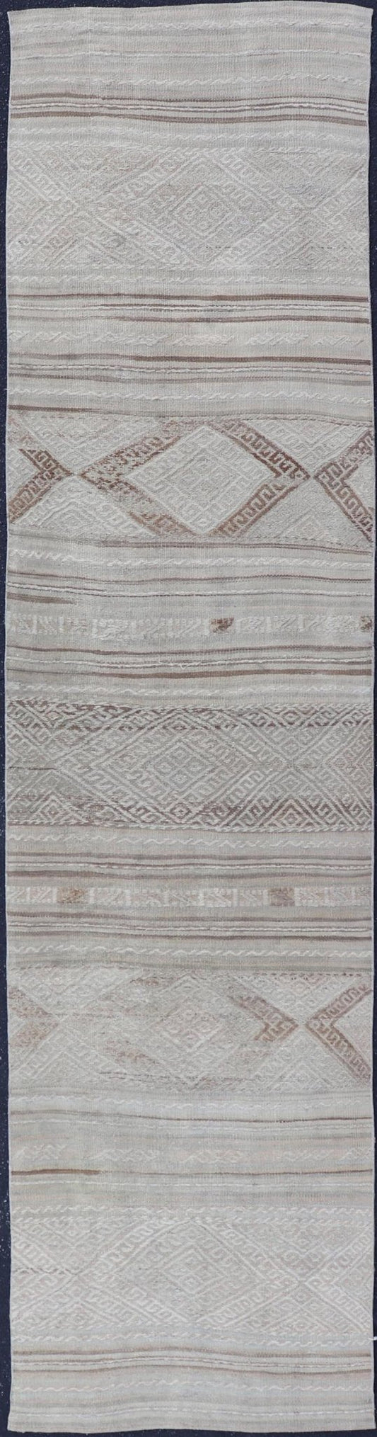 Vintage Turkish Tribal Kilim Runner with Soft Neutral Tones and Geometric Patterns - Keivan Woven ArtsEN - 14951Rug