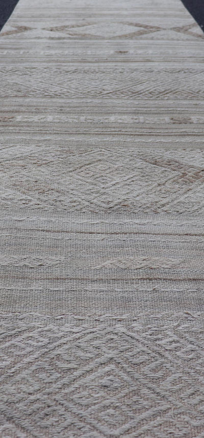Vintage Turkish Tribal Kilim Runner with Soft Neutral Tones and Geometric Patterns - Keivan Woven ArtsEN - 14951Rug